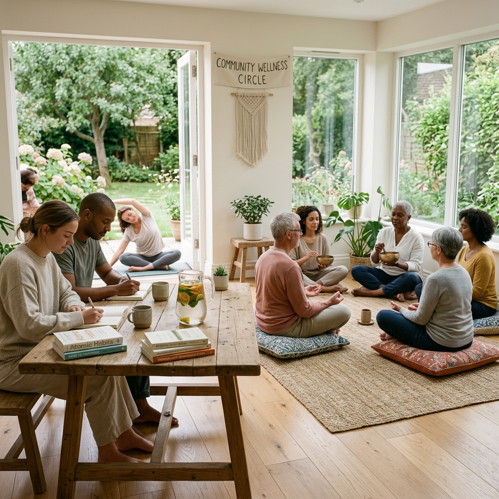Group of people sitting in a circle meditating and journaling in a bright room with plants